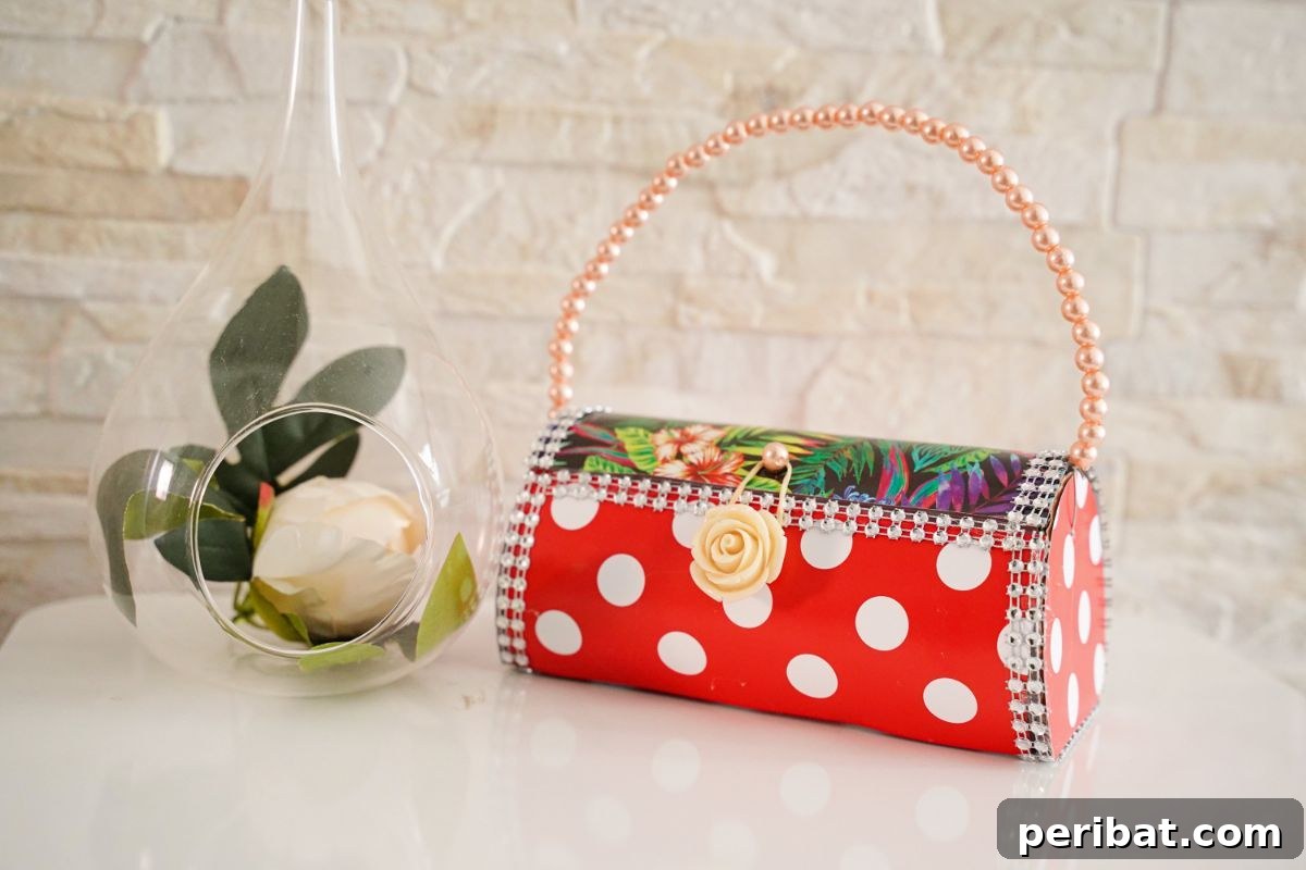 Eco-Chic Bottle Bags: Colorful DIY 3 brick background behind small polka dot purse on white table