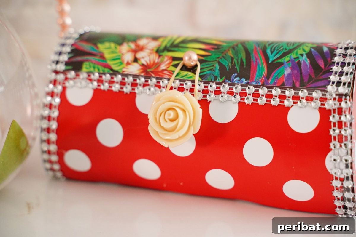 Eco-Chic Bottle Bags: Colorful DIY 22 rose button clasp on front of round polka dot handbag