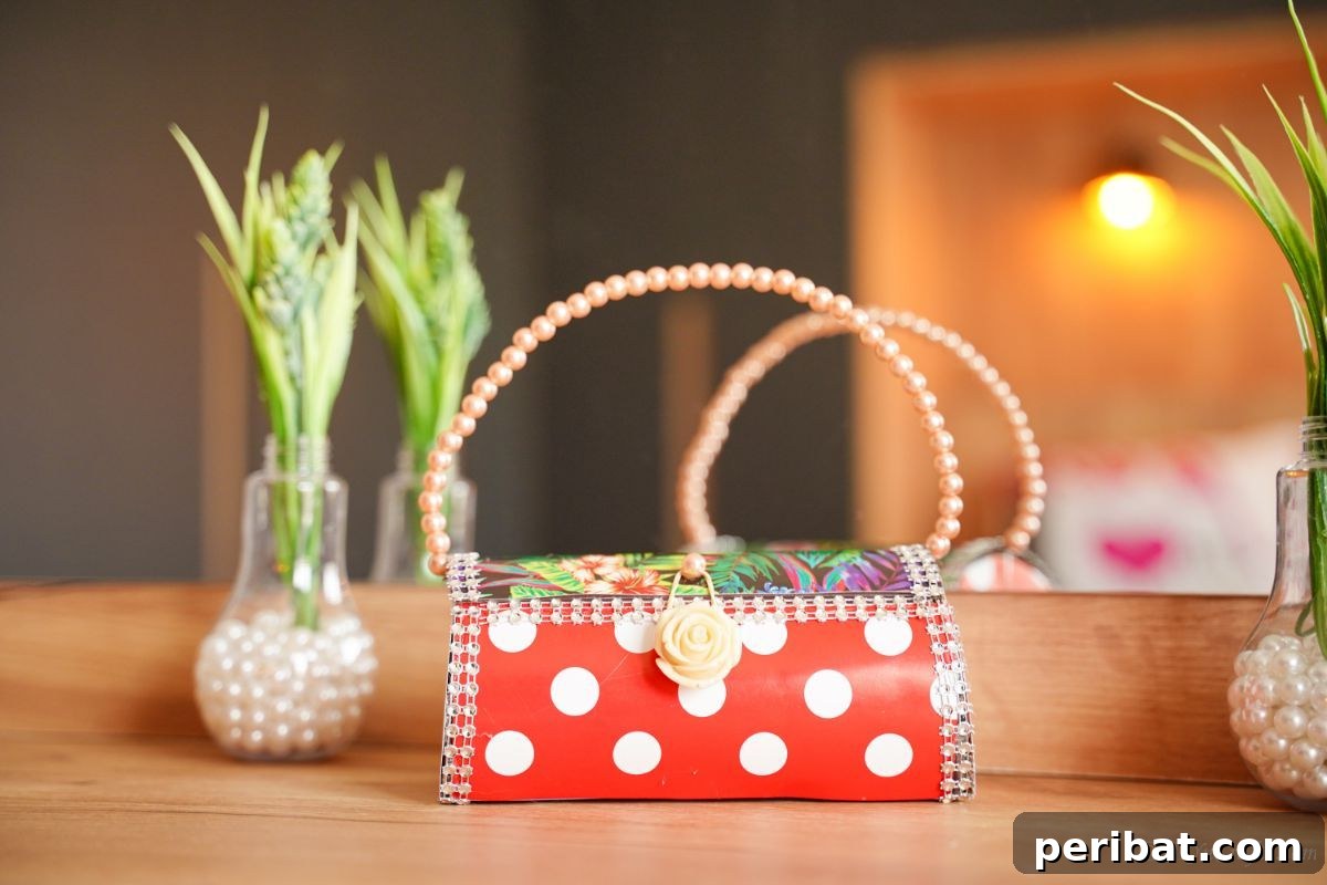 Eco-Chic Bottle Bags: Colorful DIY 5 small red and white purse with pearl handle on table by potted plant