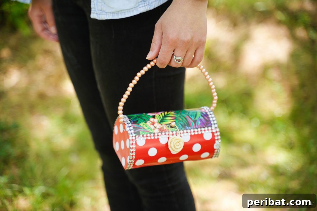 Eco-Chic Bottle Bags: Colorful DIY 7 woman in black pants holding plastic bottle purse with red polka dots