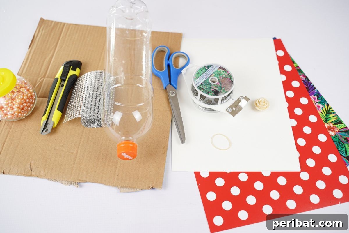 Eco-Chic Bottle Bags: Colorful DIY 8 cardboard, paper, empty bottles, and craft supplies on white table