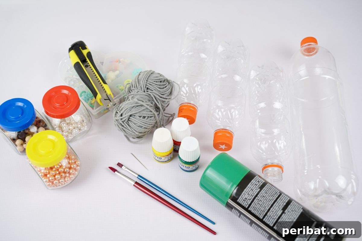 Beaded Bottle Breeze Song 8 plastic bottles and craft paint on white table
