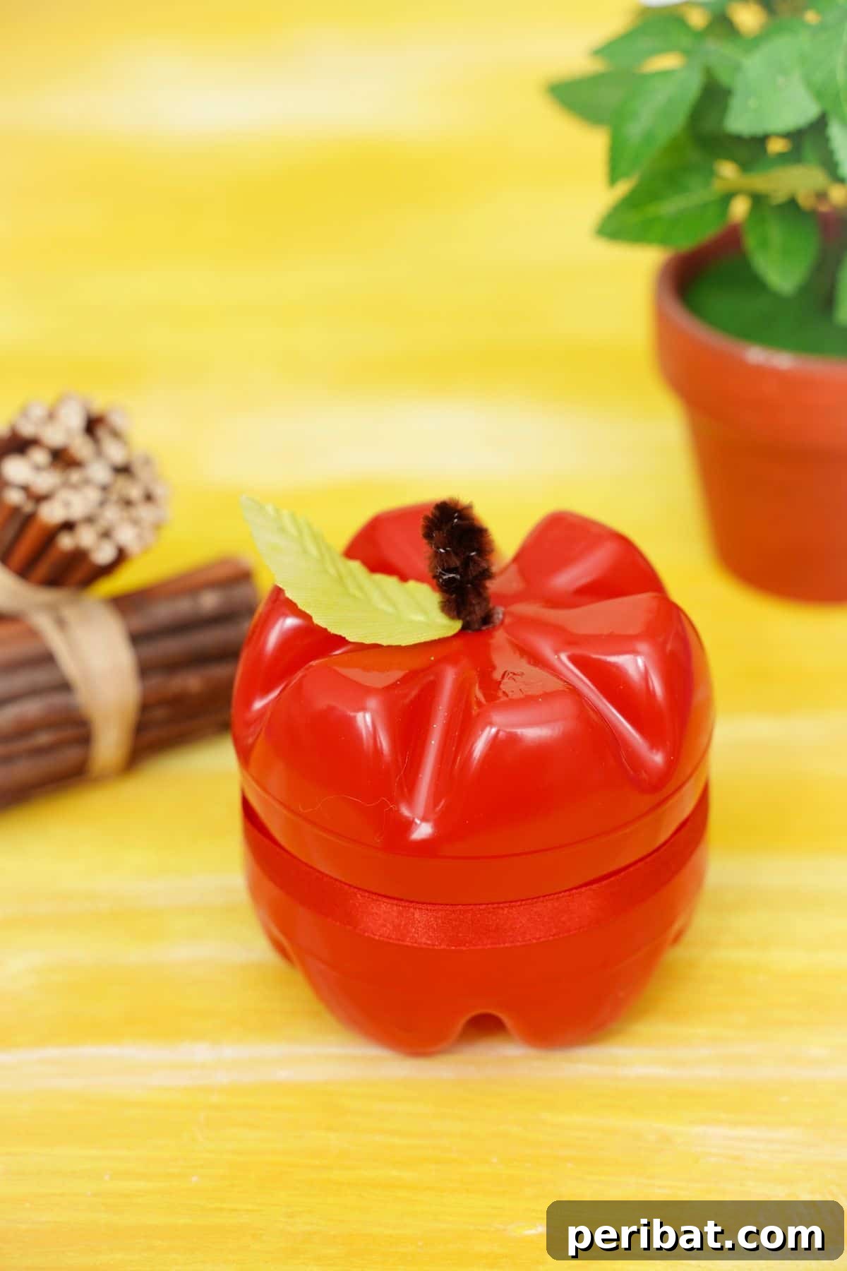 Charming Apple Plastic Bottle Teacher Gift 4 yellow tablecloth with small potted plant on right, cinnamon sticks on left, and plastic apple in middle