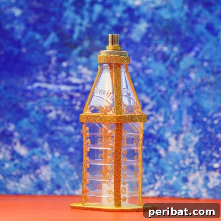 Upcycled Bottle Glow 2 A beautifully crafted plastic bottle lantern shining brightly with an LED candle.