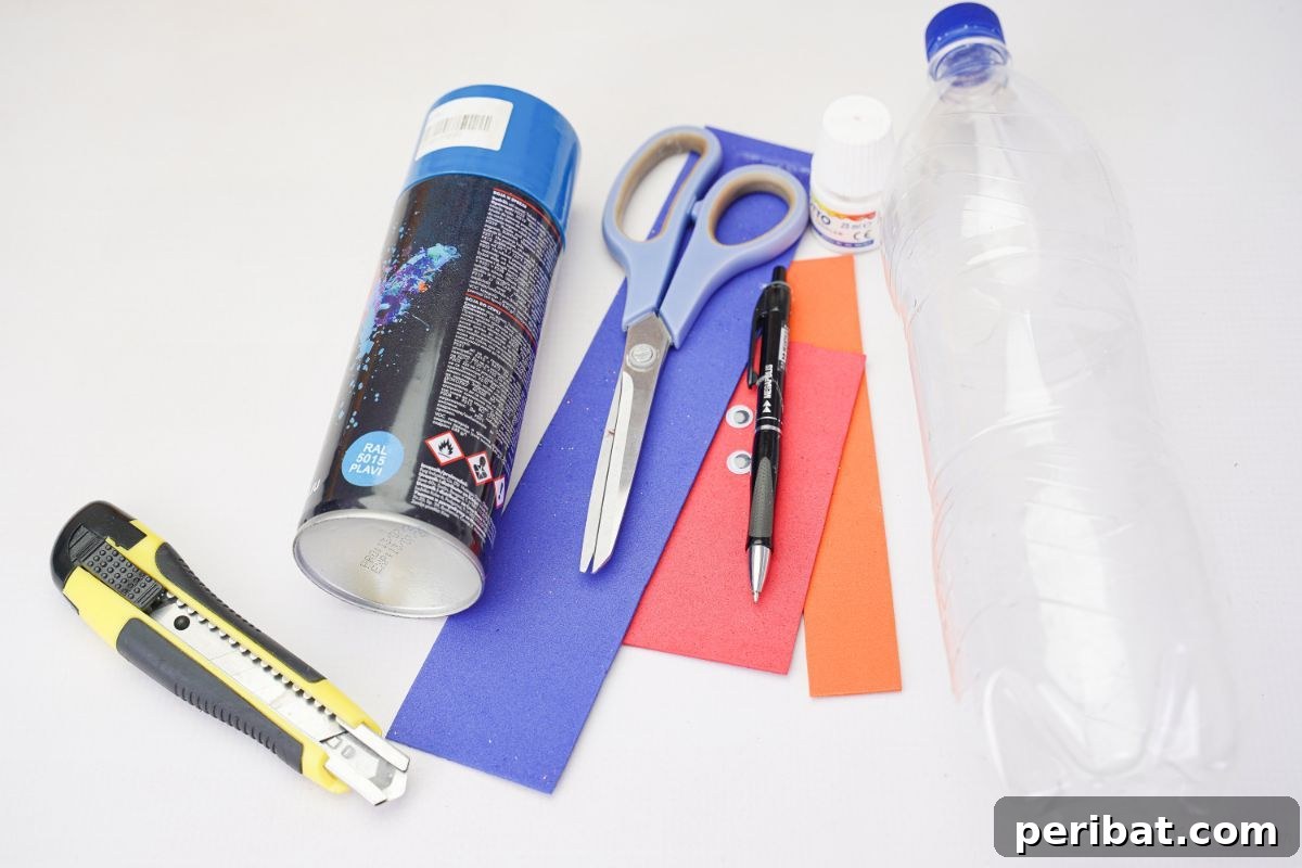 A flat lay of crafting supplies including a plastic bottle, scissors, paint, and foam paper, ready for the turkey craft.