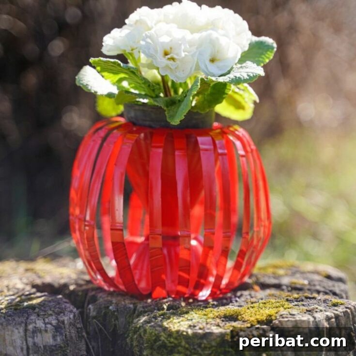 Stylish Recycled Bottle Planters 2 A beautiful red globe-shaped water bottle planter with white flowers