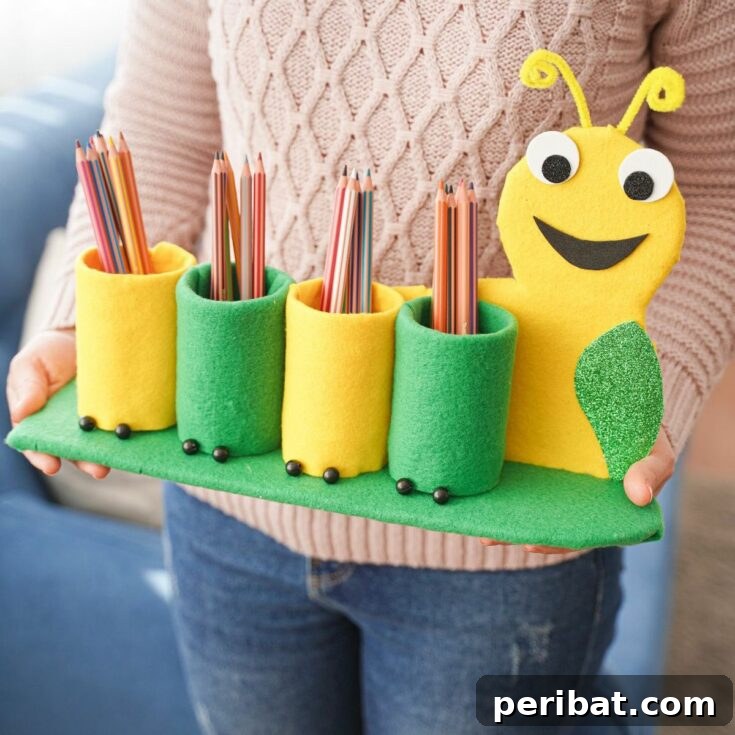 Finished caterpillar pencil holder made from upcycled plastic bottles