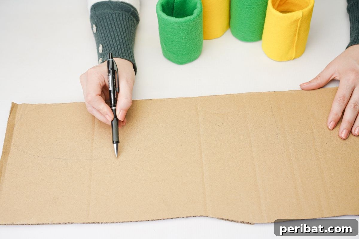 Hand tracing plastic bottles on cardboard for the base of the caterpillar