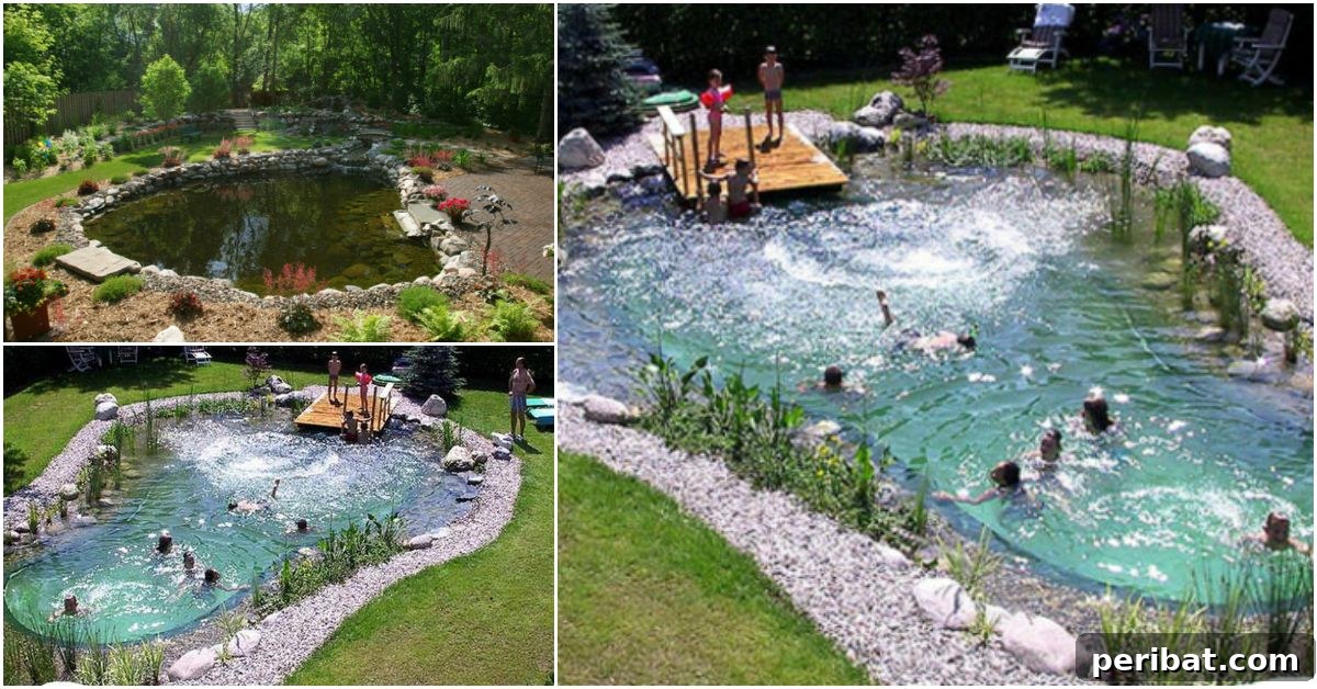 How to Build Your Own Magical All-Natural Swimming Pond 2 Serene natural swimming pond with lush greenery, showcasing an eco-friendly backyard oasis