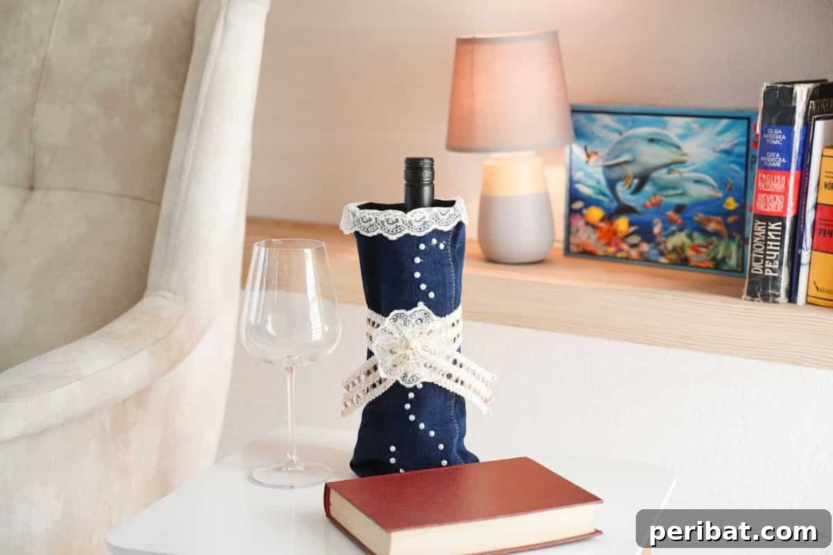 Rustic Denim Wine Cozy 7 Finished denim wine bottle cover on a table with a brown book, showcasing all embellishments.