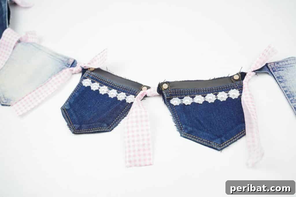 denim garland laying on white table