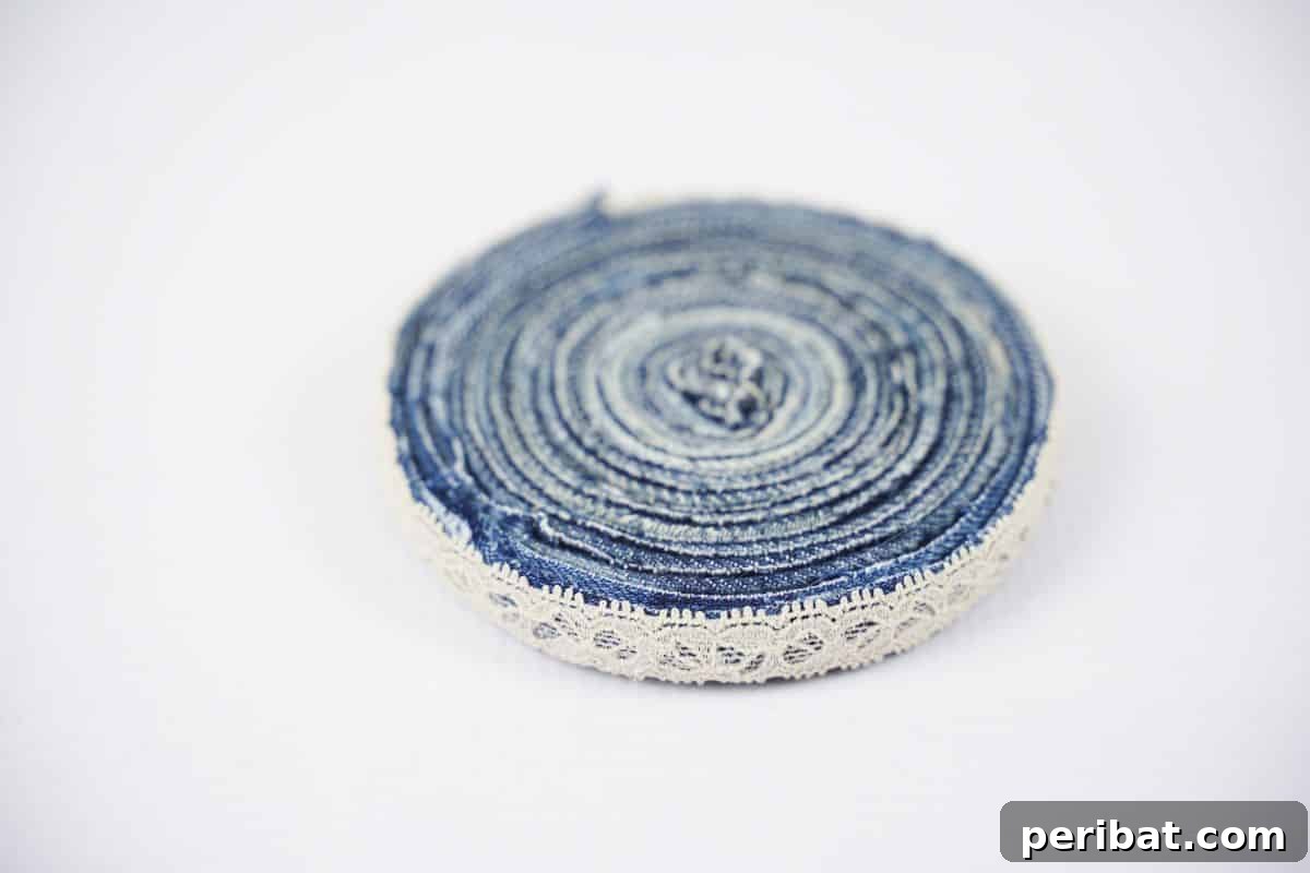 Simple Denim Coaster Upcycle Project 12 lace edge denim coaster on white table