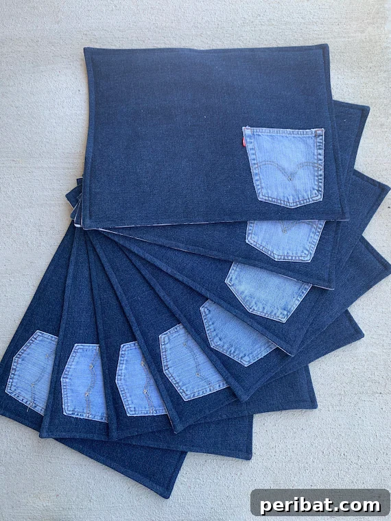 A beautifully decorated table setting featuring a handmade denim placemat, highlighting its aesthetic appeal for dining.