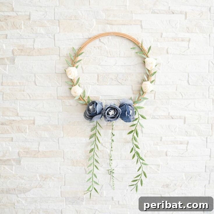 Denim Blooms Door Wreath 8 floral wreath hanging on brick wall