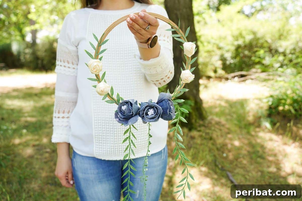 Denim Blooms Door Wreath 9 lady standing outside holding denim embroidery hoopw reath