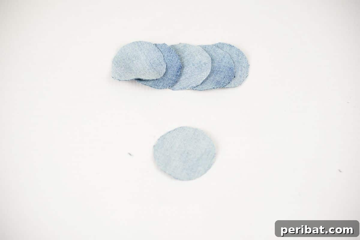 Blossoming Denim Transform Old Jeans into Flower Appliques 3 stack of denim circles on white table