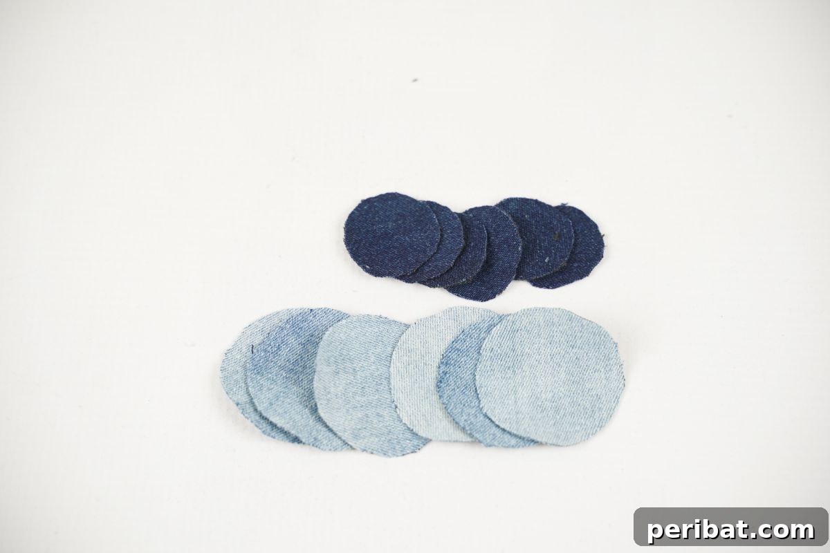 Blossoming Denim Transform Old Jeans into Flower Appliques 5 stack of two sizes and colors of denim circles