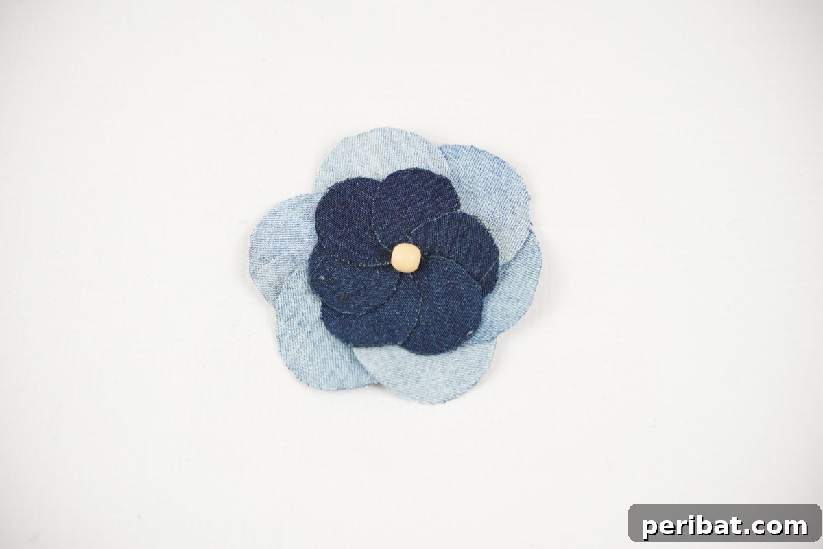 two tone denim flower on white table