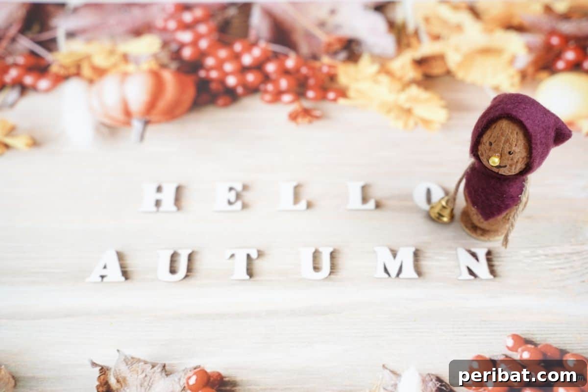 Enchanted Walnut Shell Fairy Garden Dweller 14 walnut mouse next to hello autumn paper message