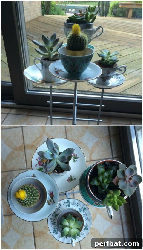 Beyond the Brew: 25 Beautiful Ways to Repurpose Old Teacups 23 Teacup Succulent Candelabra