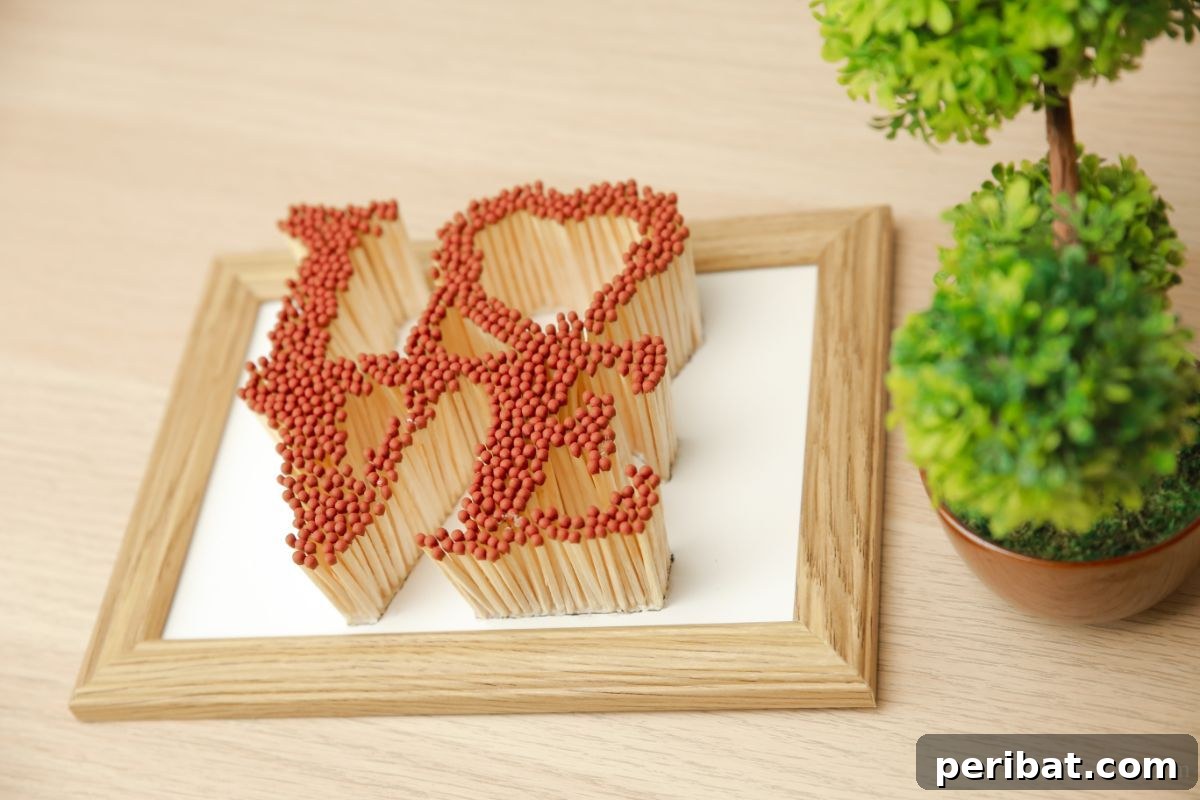 Matchstick Heart Art 6 A finished wood-framed matchstick love sign rests on a table next to a decorative plant, showcasing its unique charm.