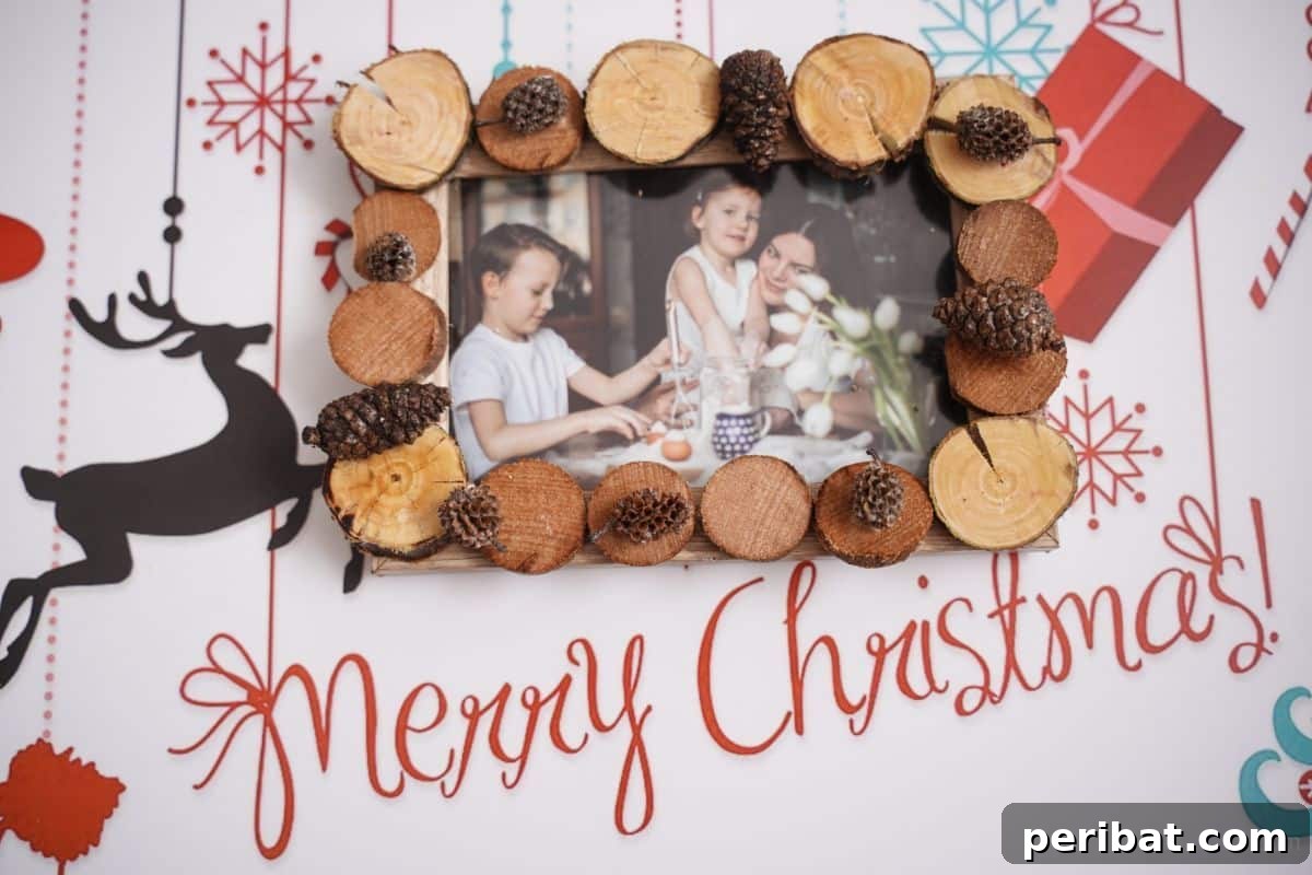 Tree Ring Photo Frame 5 wood slice picture frame laying on holiday scrapbook paper