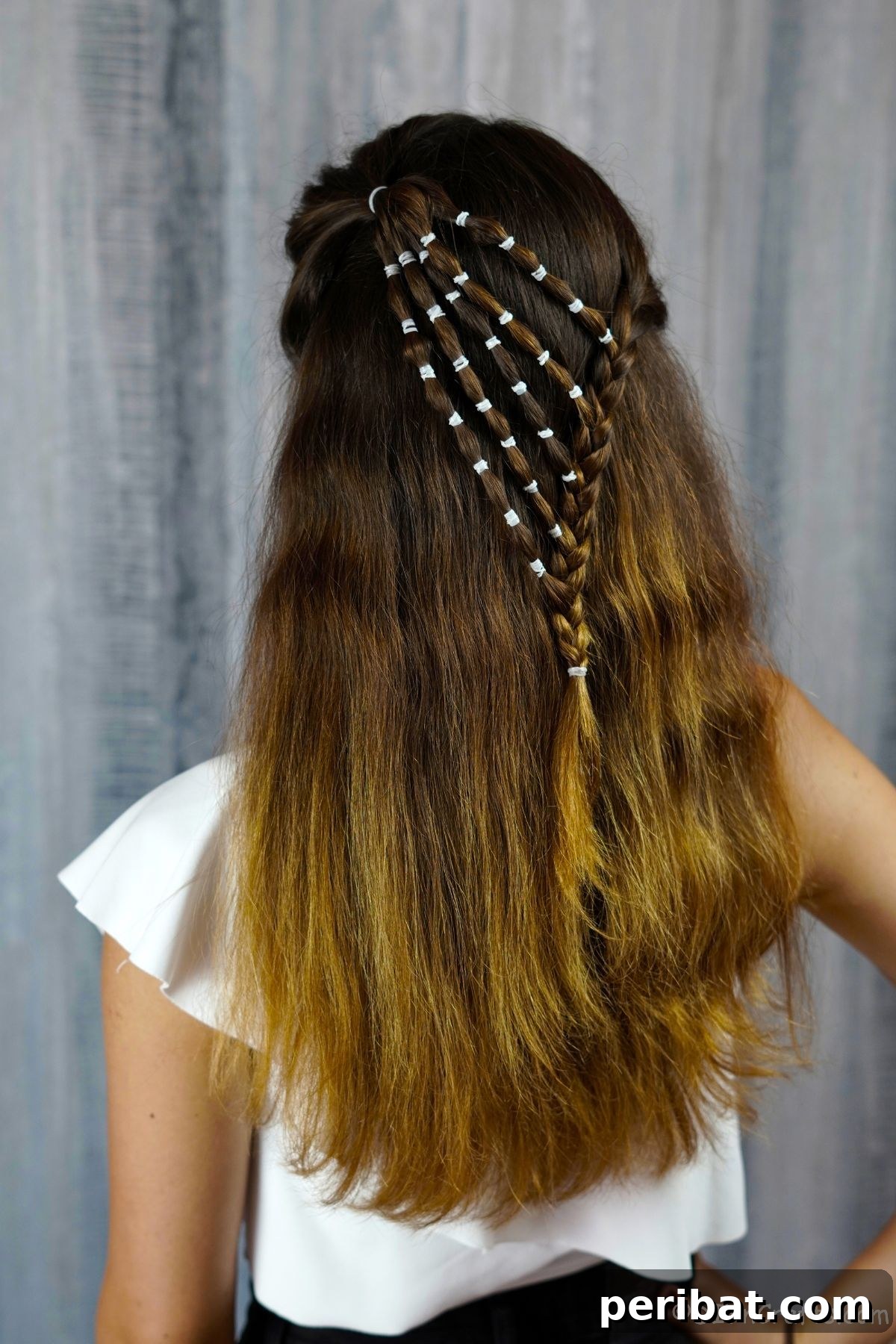 Playful Waterfall Bubble Half-Updo 13 Finished waterfall bubble braids with white accents on brown hair