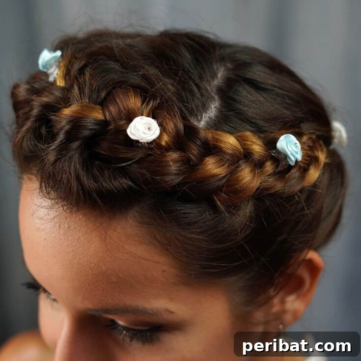 Whimsical French Crown Braid 2 A close-up of a Bohemian crown French braid adorned with small white flowers.
