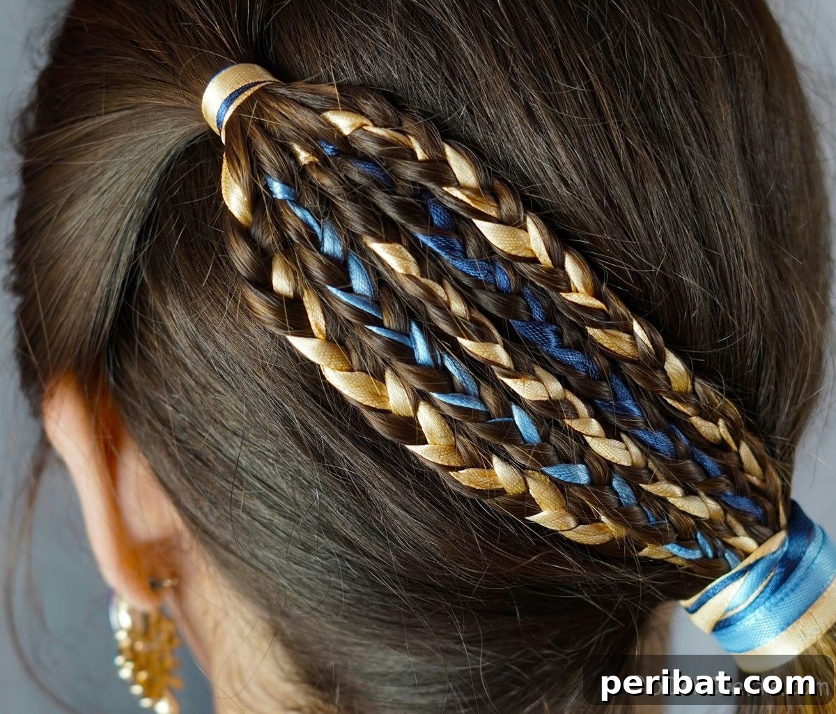 Captivating Ribbon Braided Side Ponytail 8 Finished ribbon braided side swept low ponytail from the back, showing ribbons woven throughout.