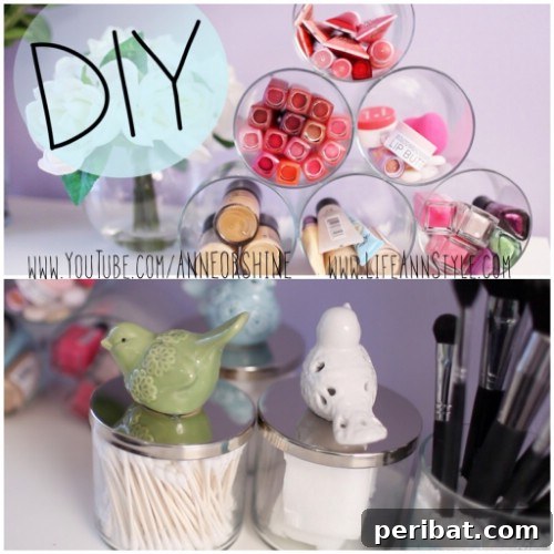 Creative makeup organizer made from stacked glass candle jars in a pyramid shape
