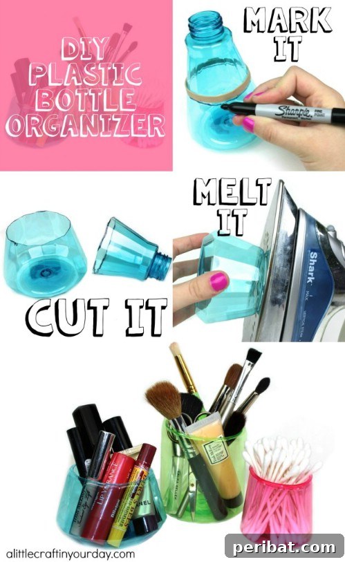 Recycled plastic bottles cut into decorative storage containers for makeup