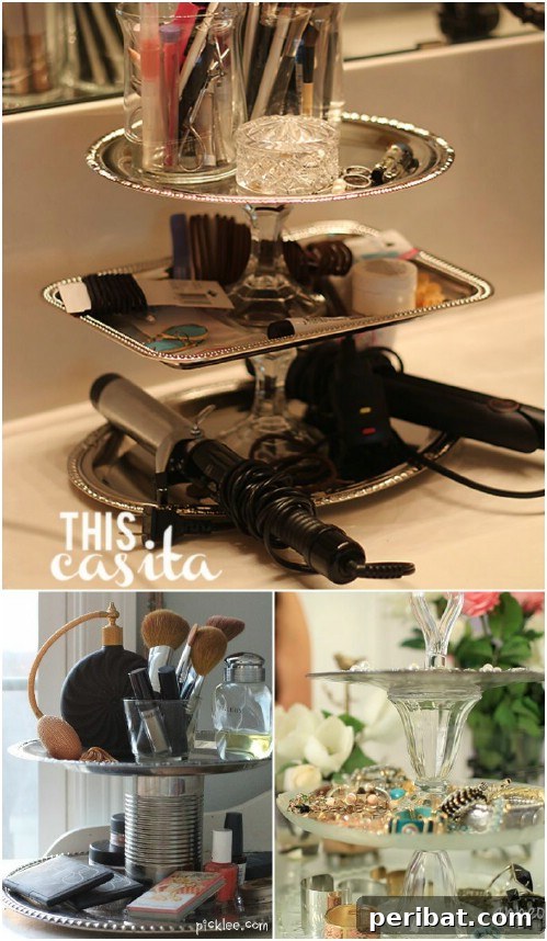 Multi-tiered DIY makeup stand made from plates and a candlestick