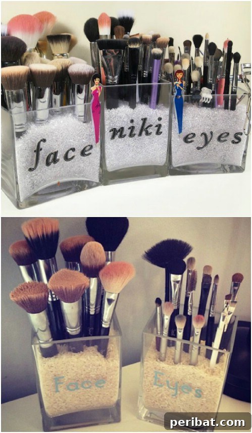 Makeup brushes organized in simple clear glass vases with decorative filler