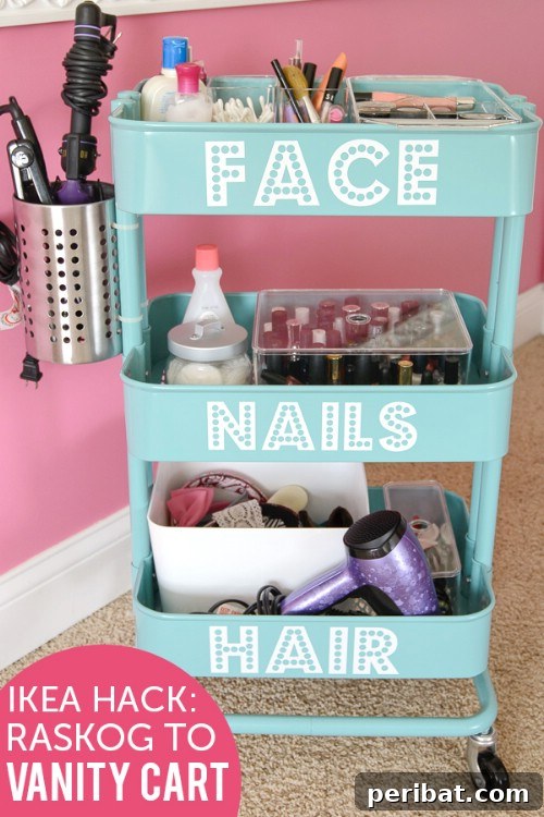 Ikea Raskog utility cart converted into a mobile makeup vanity