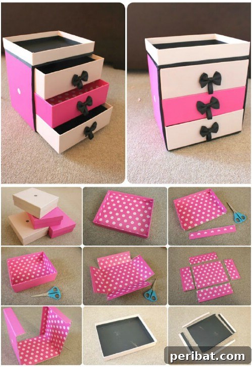 Miniature drawer unit crafted from repurposed beauty boxes for makeup organization