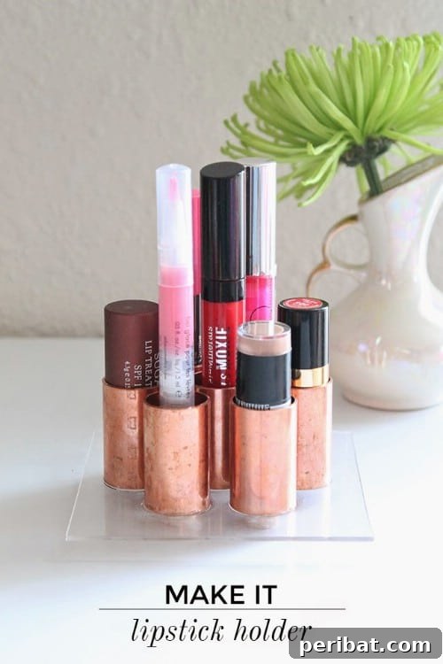 DIY lipstick holder made from copper tubes glued together