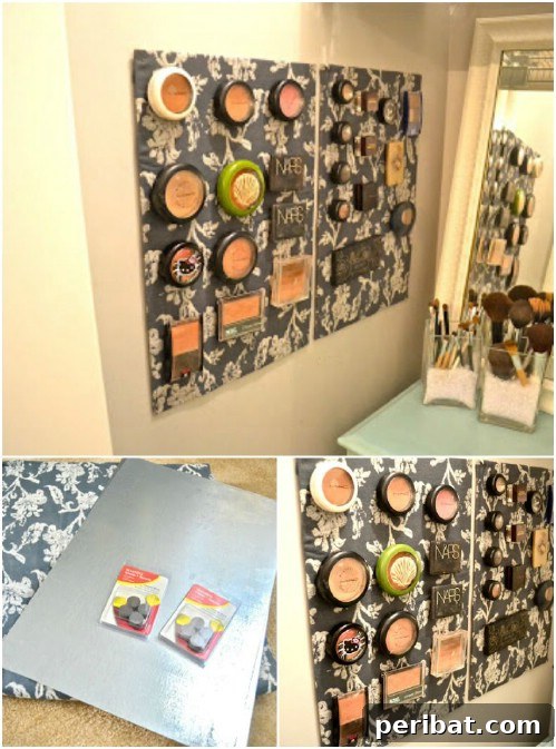 Magnetic makeup board displaying various cosmetics with magnets attached