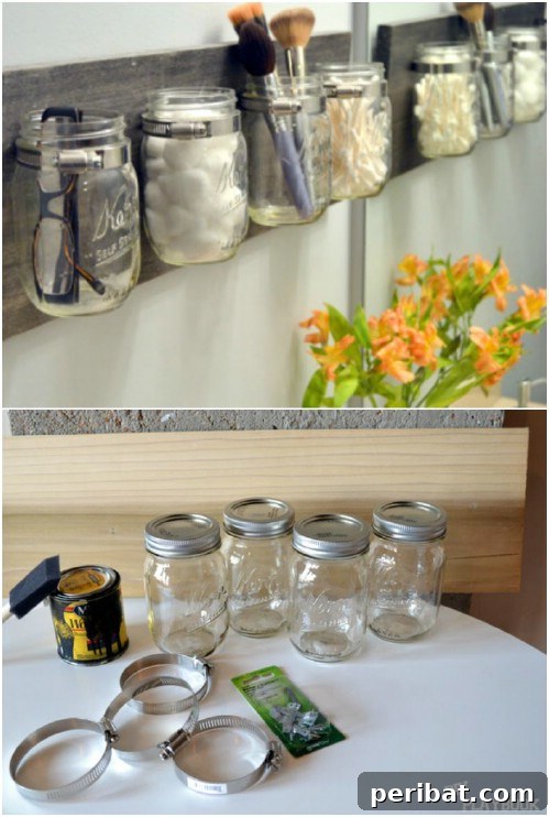 Wall-mounted mason jars used as makeup brush and eyeliner holders