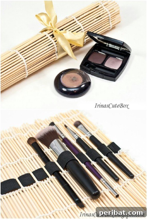 Makeup brushes neatly tucked into a bamboo sushi mat roll-up