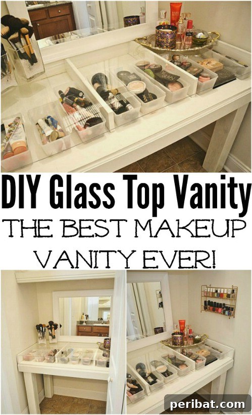 Custom-built glass top vanity with visible makeup stored underneath