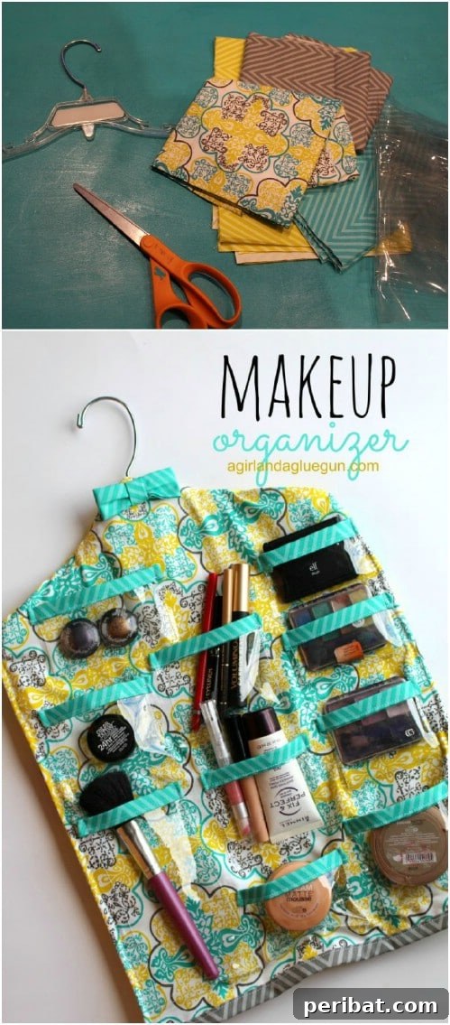 DIY hanging makeup organizer with various sized pockets for different cosmetics