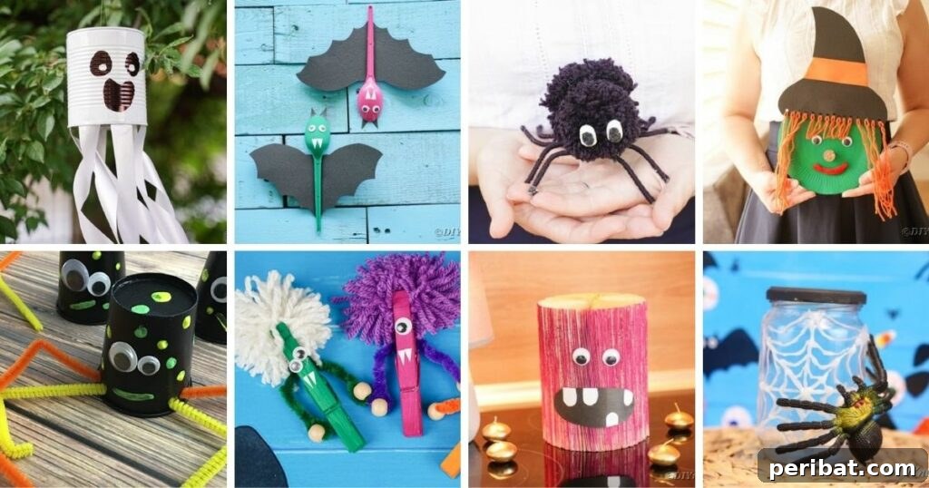 A vibrant collage of various Halloween kids' craft projects, showcasing creative and colorful ideas for children