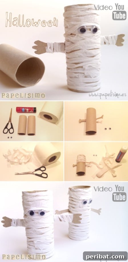 A charming row of toilet paper mummies, crafted from cardboard rolls, standing upright for a playful Halloween display.