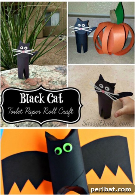 A fun collection of toilet roll bats and cats, showcasing simple yet effective Halloween crafts made from repurposed materials.