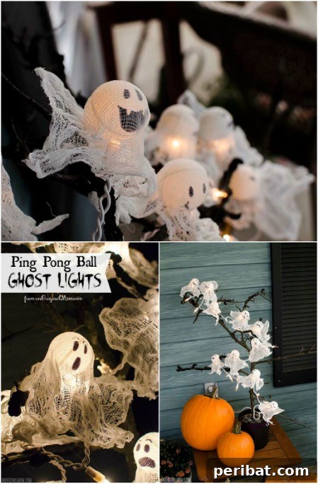A string of adorable ping pong ghost lights, each with a hand-drawn spooky face, illuminating a festive Halloween scene.