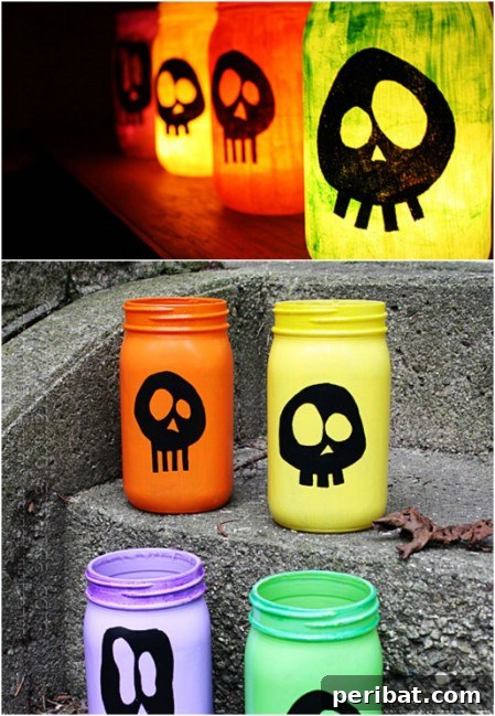 A collection of vibrant, spooky luminaries, each glowing with unique Halloween designs, adding an eerie ambiance.