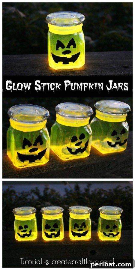 A trio of glowing Halloween jars, emanating a mysterious light, created with glow sticks for a unique decoration.