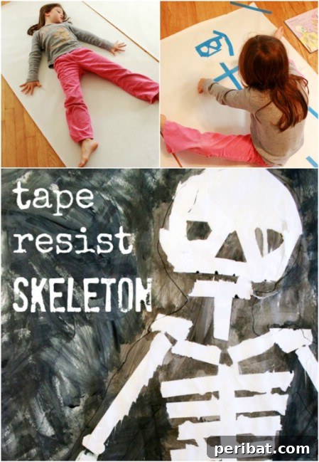 A creative tape resist skeleton painting, showcasing a life-size silhouette with colorful backgrounds, ideal for kids' art projects.