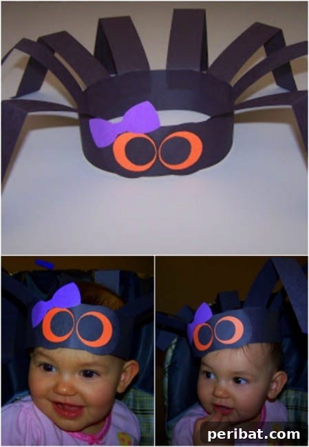 A playful spider hat with googly eyes and pipe cleaner legs, perfect for kids to wear during Halloween festivities.