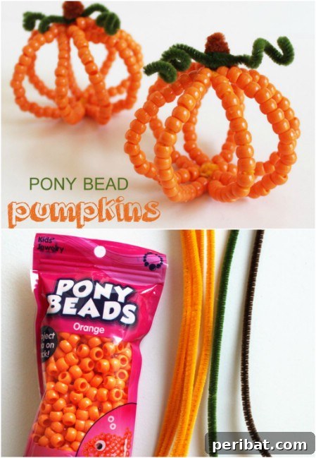A charming small pumpkin crafted from orange pony beads, showcasing a simple yet creative Halloween decoration idea.